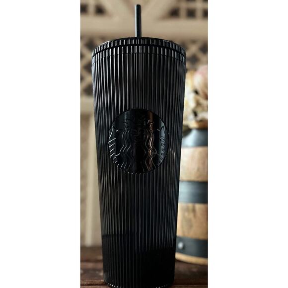 Starbucks 24 fl oz Black Ribbed Tumbler with Straw Cold Cup - Picture 3 of 3